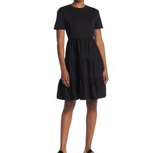 SUSINA Black Crew Neck Short Sleeve Tiered Dress
